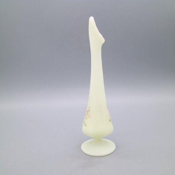 Fenton Yellow Satin Custard Glass Hand Painted Swung Vase Pink Blossoms Signed - Picture 7 of 10